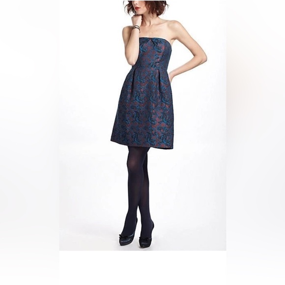 Leifnotes by Anthropologie Navy and Burgundy Floral Jacquard Mini Dress NWT - Picture 3 of 7